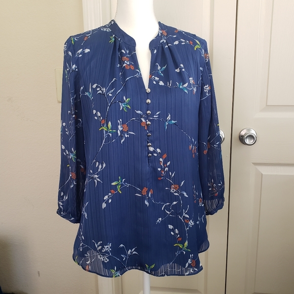 WHITEHOUSE BLACKMART blouse size 10 3/4 sleeve flowery V neck - Picture 9 of 9